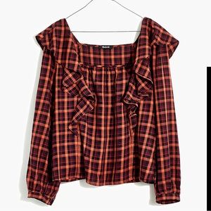 Madewell Plaid Ruffle Square Neck Top Shirt Blouse Small S Womens black orange